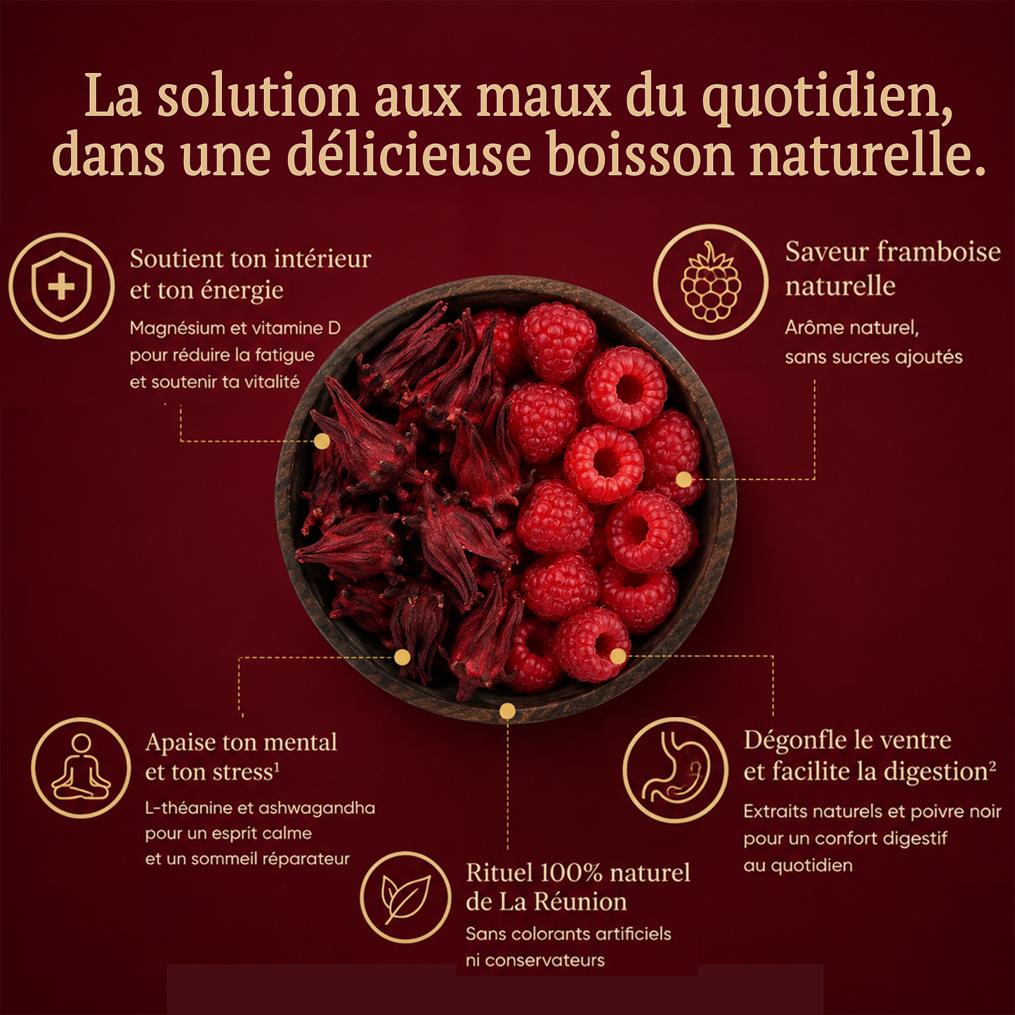 Notre élixir Rouge Péi: De l’extrait d’hibiscus et de la framboise, enrichi en magnésium.
