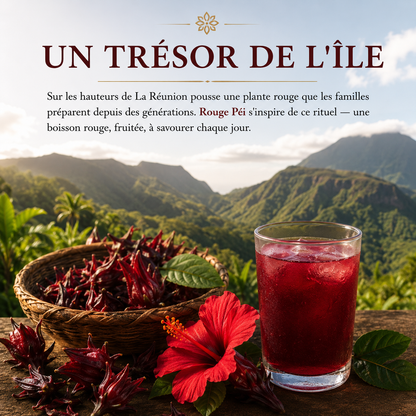 Notre élixir Rouge Péi: De l’extrait d’hibiscus et de la framboise, enrichi en magnésium.