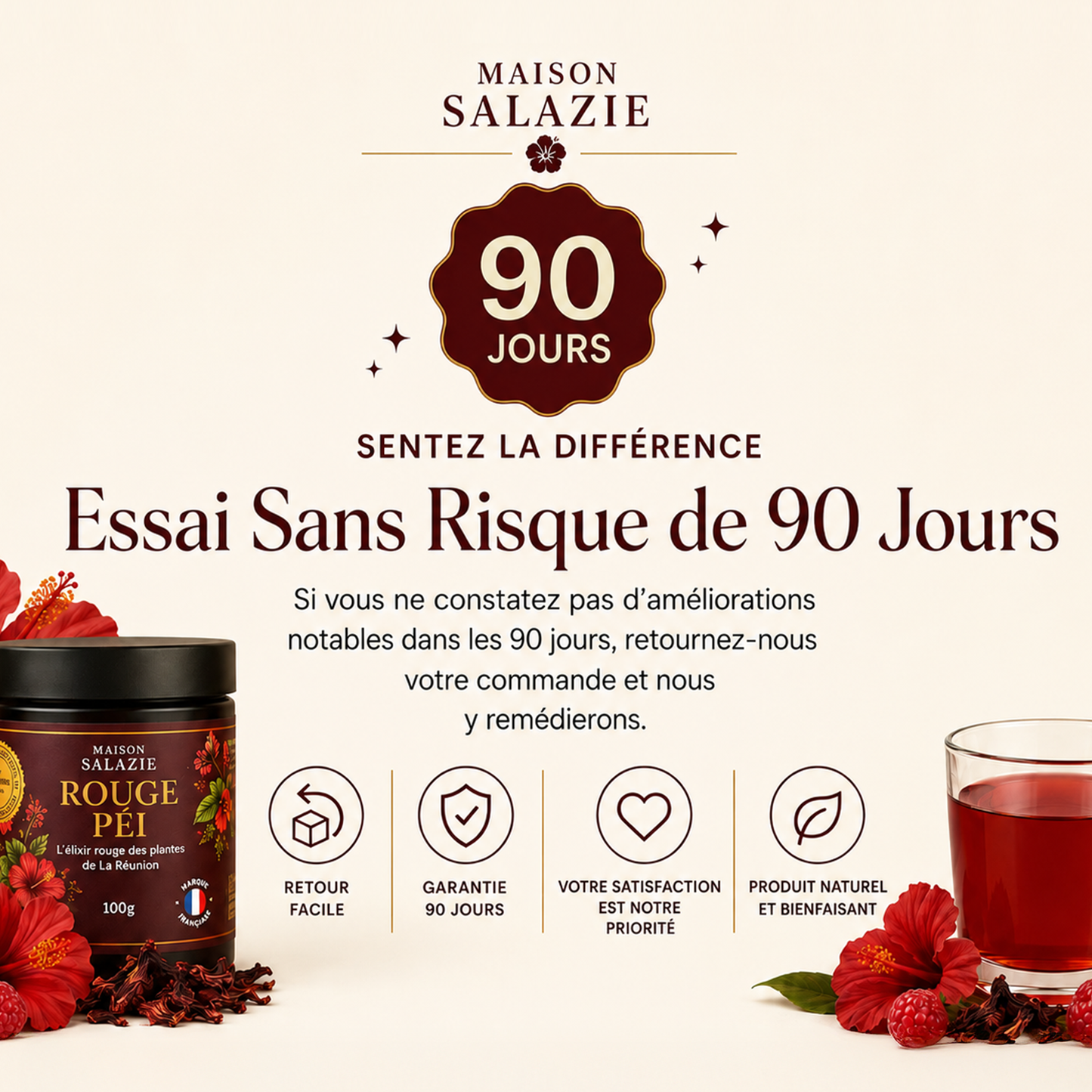 Notre élixir Rouge Péi: De l’extrait d’hibiscus et de la framboise, enrichi en magnésium.