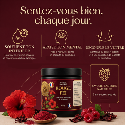 Notre élixir Rouge Péi: De l’extrait d’hibiscus et de la framboise, enrichi en magnésium.