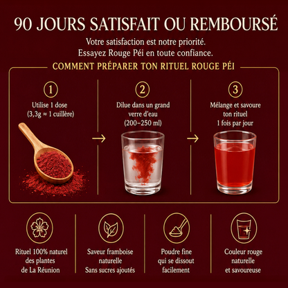 Notre élixir Rouge Péi: De l’extrait d’hibiscus et de la framboise, enrichi en magnésium.