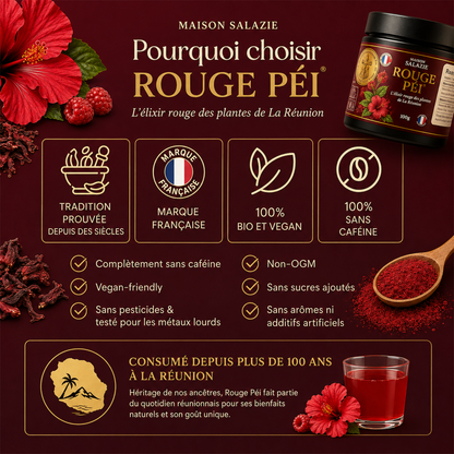Notre élixir Rouge Péi: De l’extrait d’hibiscus et de la framboise, enrichi en magnésium.