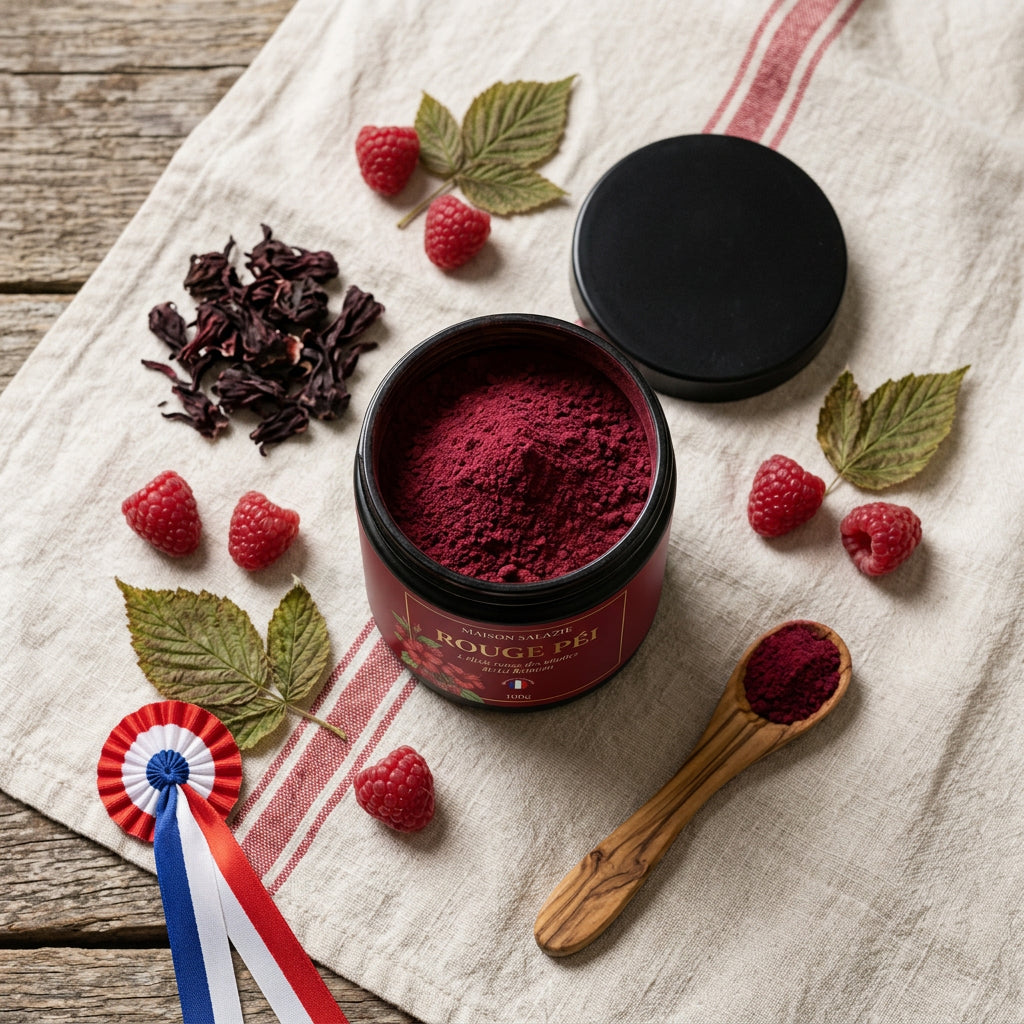 Flat-lay Rouge Péi avec hibiscus et framboises