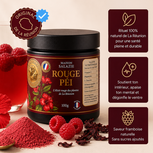 Notre élixir Rouge Péi: De l’extrait d’hibiscus et de la framboise, enrichi en magnésium.